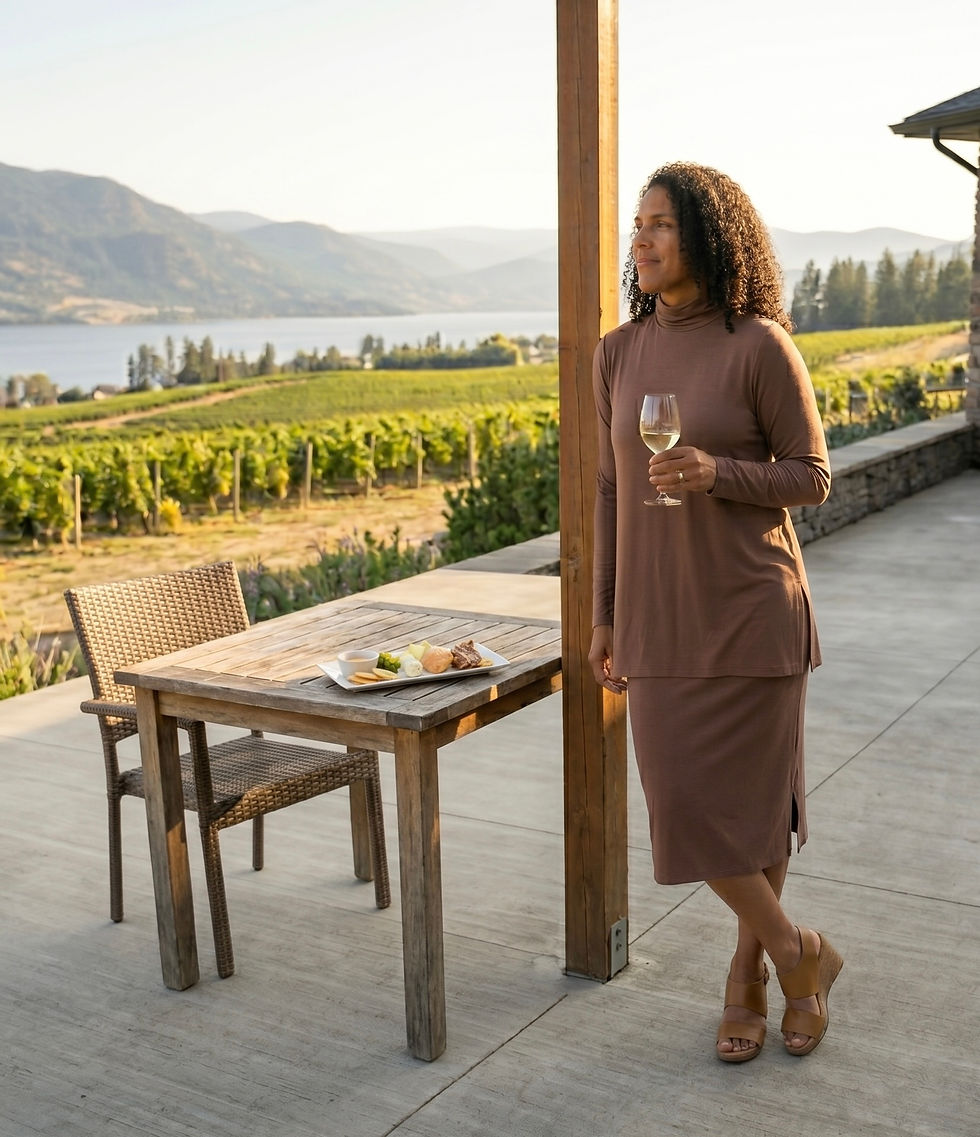 A curly-haired model stands on a scenic patio overlooking a vineyard and lake at sunset, wearing a monochromatic rose brown bamboo turtleneck tunic and matching straight midi skirt while holding a glass of white wine.