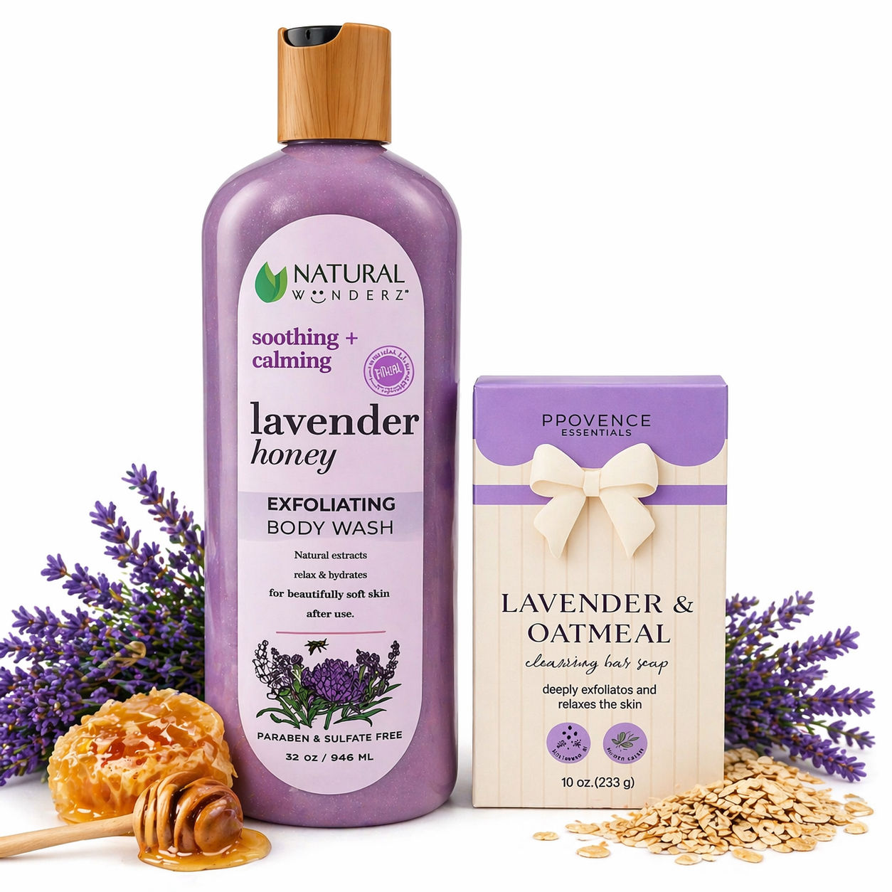 Lavender Honey Body Care Set Exfoliating Wash + Oatmeal Soap Relaxing