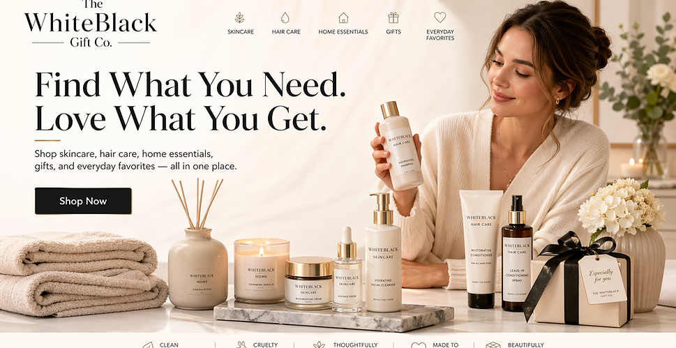 Illustration of The Whiteblack Gift Co products, including hair care, skincare, beauty, home, and everyday essentials.
