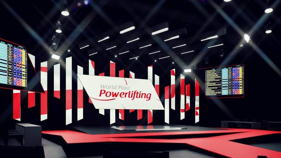 World Para Powerlifting stage with geometric screen structures.