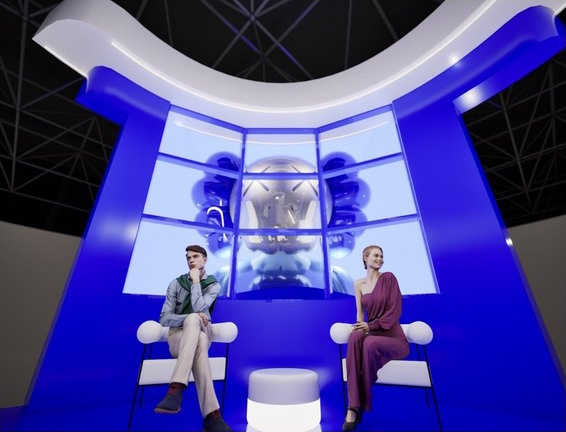 Blue-and-white curved seating and media installation at the 1win stand.