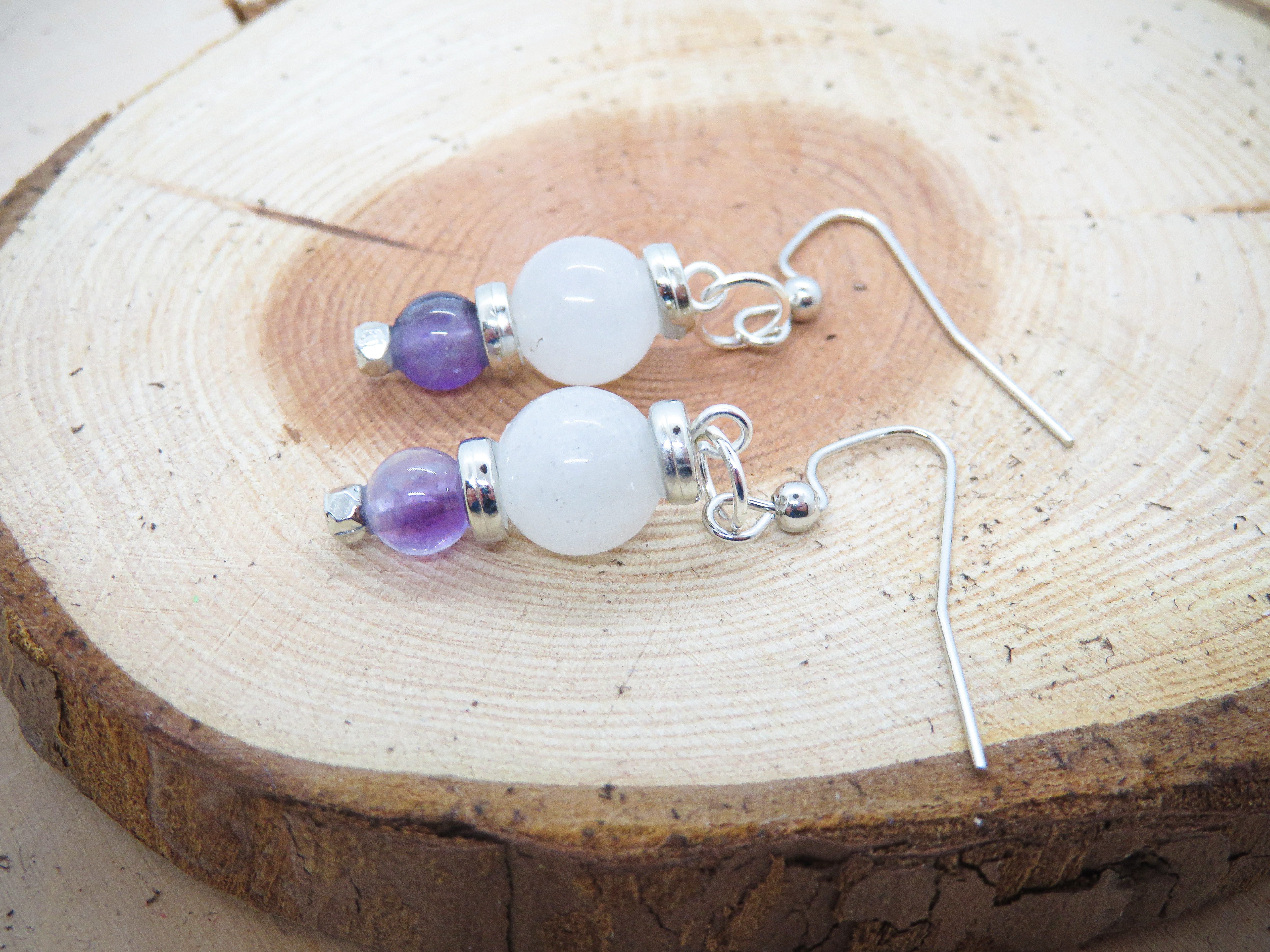 Rainbow Moonstone, Amethyst Dangle Drop Earrings