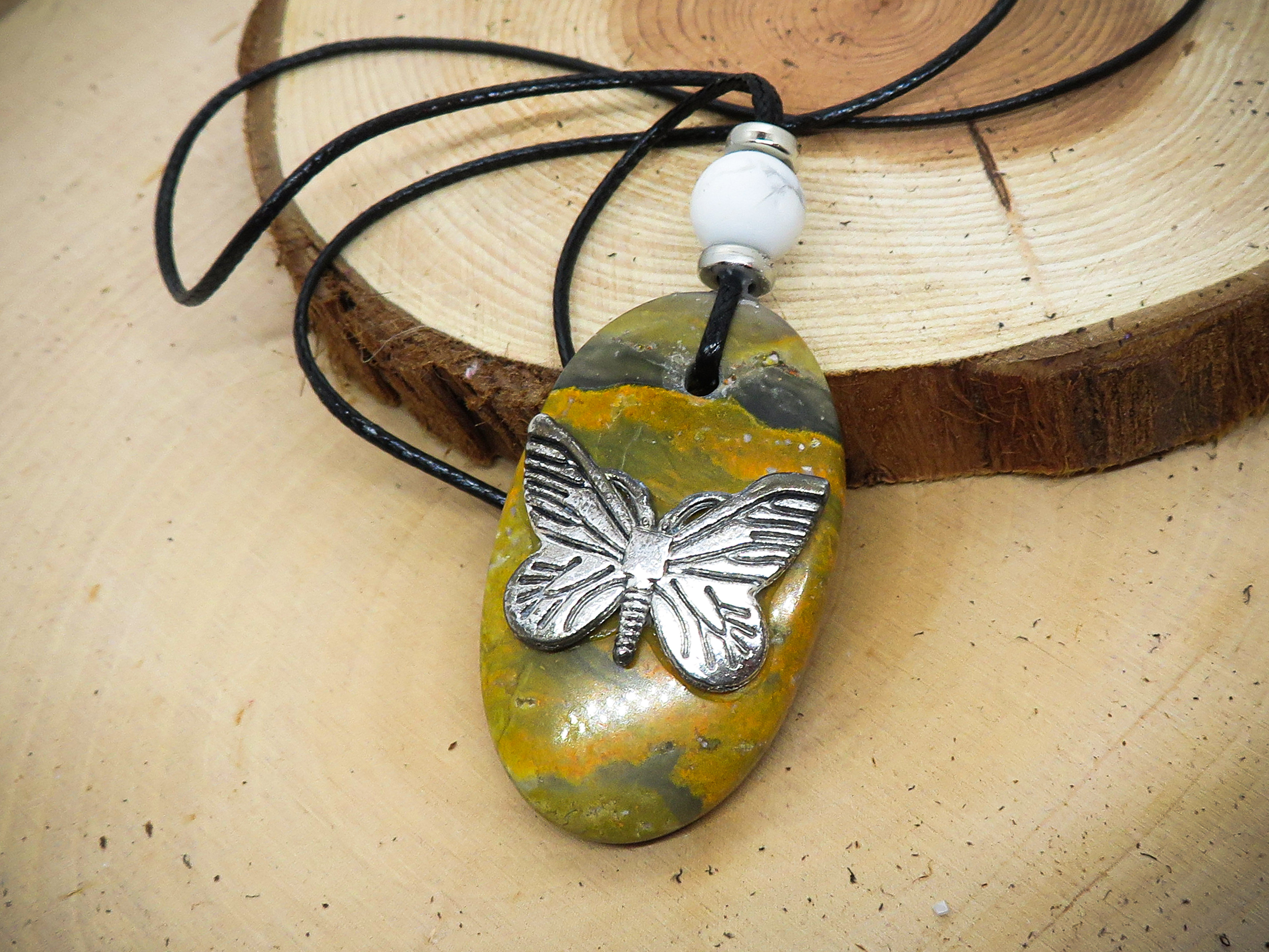 Bumblebee Jasper Pendant Necklace with Butterfly Charm (Variant 02)