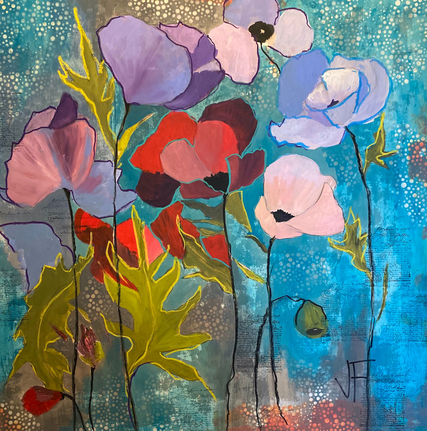 (SOLD) Jane Ferguson - Pastel Poppies, 36x36"