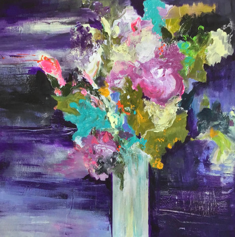 SOLD - Jane Ferguson - Flowers in a vase with purple background