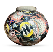 Mattie Leeds ceramic vessel black background with a lot of colorful abstract figures