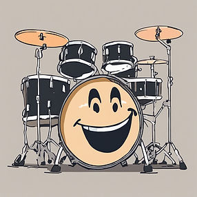 learning drums, fun, muted colours, serious tone, a stacked drum kit with a picture of a b