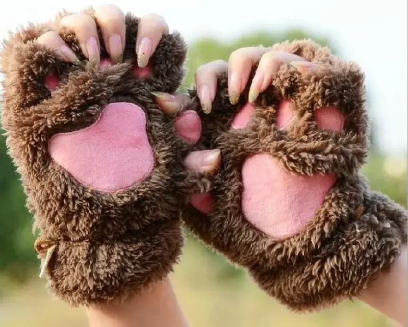 Thumbnail: Women Cute Cat Claw Plush Mittens Warm Soft Plush Short Fingerless Fluffy Bear