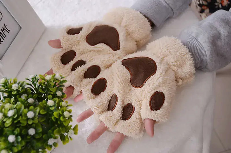 Thumbnail: Women Cute Cat Claw Plush Mittens Warm Soft Plush Short Fingerless Fluffy Bear