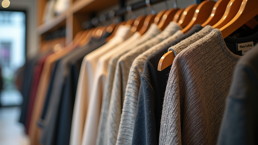 Close-up view of a boutique's fabric swatches and clothing tags