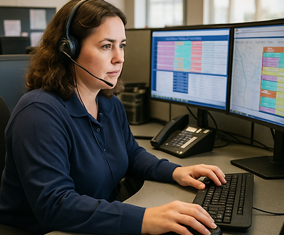 Dispatcher reviewing a chimney inspection report on a computer in the office.