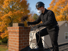 Professional chimney sweep cleaning a brick chimney on a residential roof in Huntersville, NC, with safety gear and chimney tools.