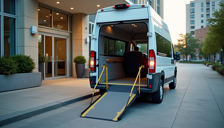 Eye-level view of a wheelchair-accessible van parked outside a medical facility