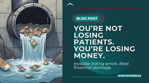 A close-up image of a cracked metal pipe slowly dripping water, with dollar bills falling through the leak onto the floor. The background is dark and blurred, symbolizing hidden loss. Overlay text reads: “You’re Not Losing Patients. You’re Losing Money.” with a subheading: “Invisible billing errors. Real financial damage.”