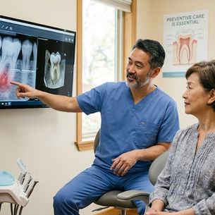 a dentist with patient over x-ray