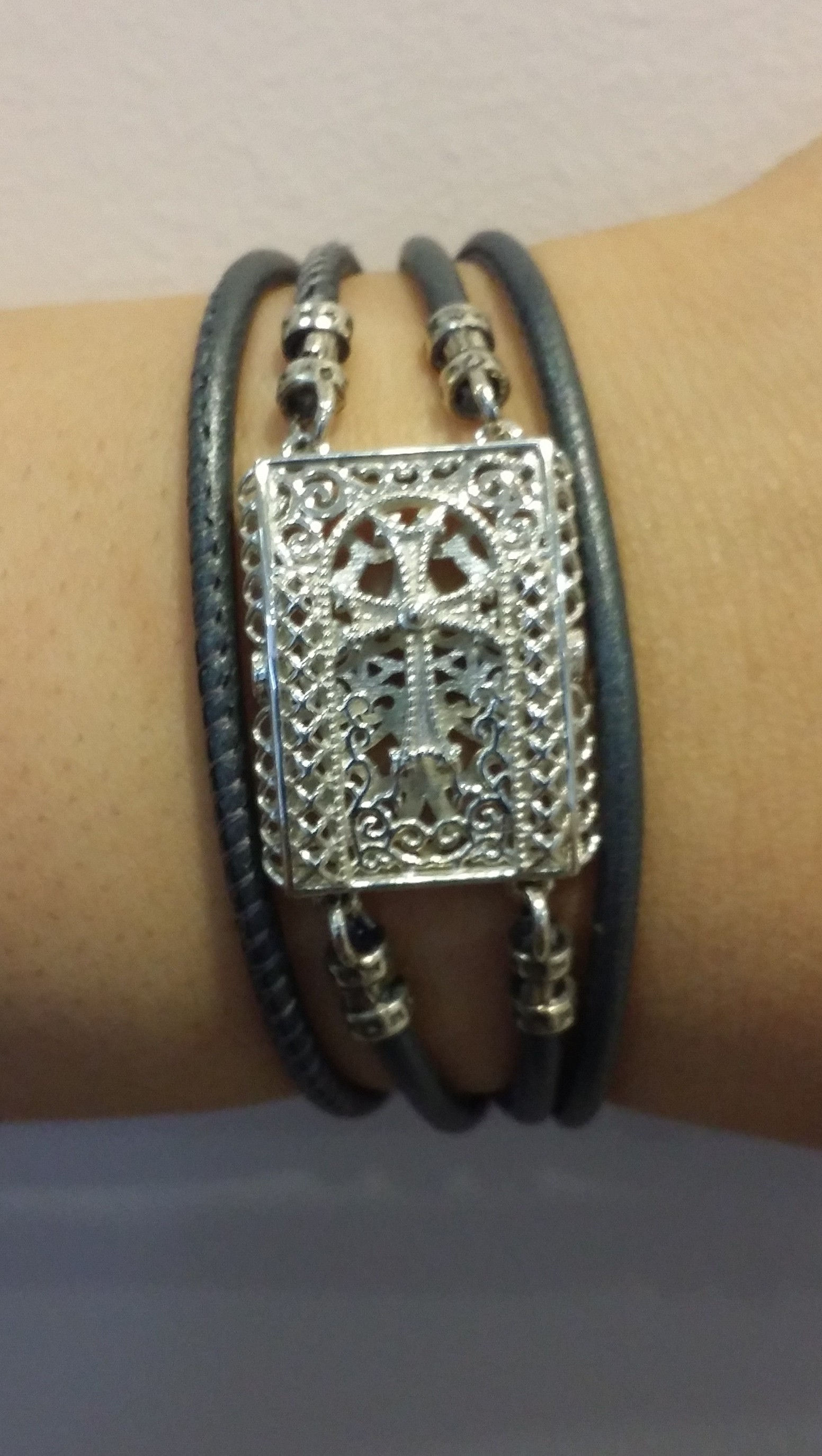 #1104 - Tatev Stone Cross Silver Bracelet - Grey