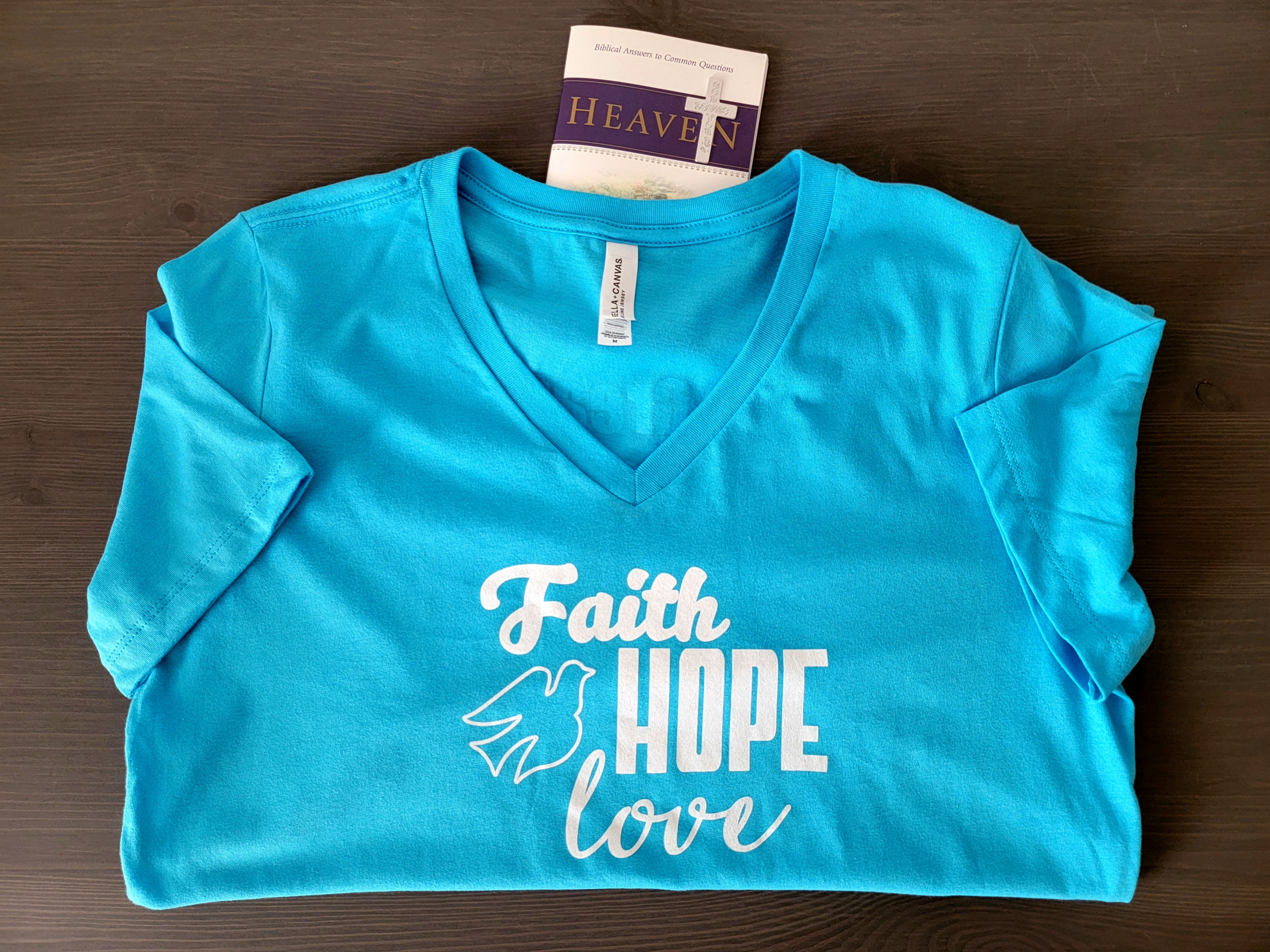 Women's V-neck Turquoise Faith Hope Love Tee (front)