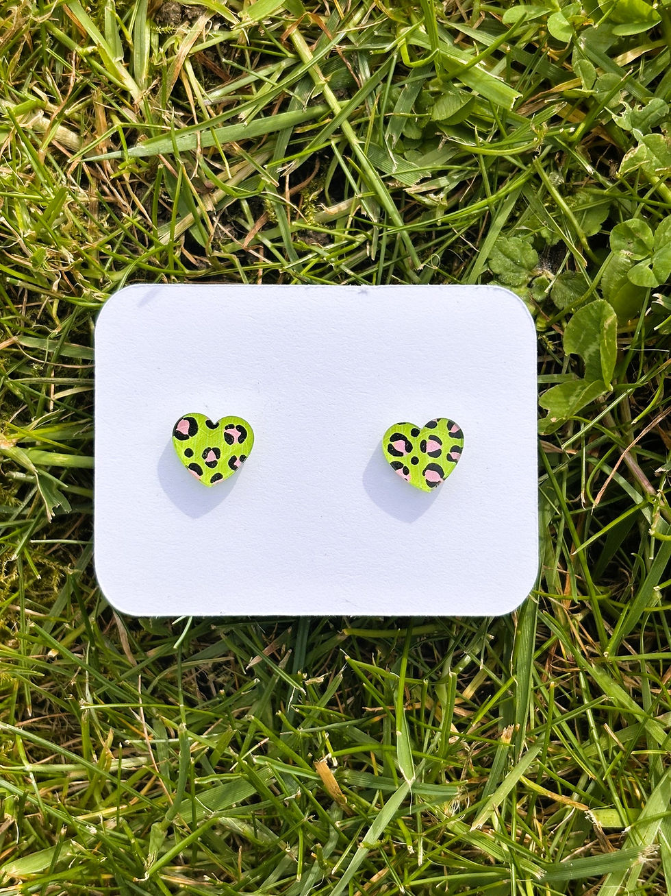 Thumbnail: Heart Studs - Green & Baby Pink Leopard