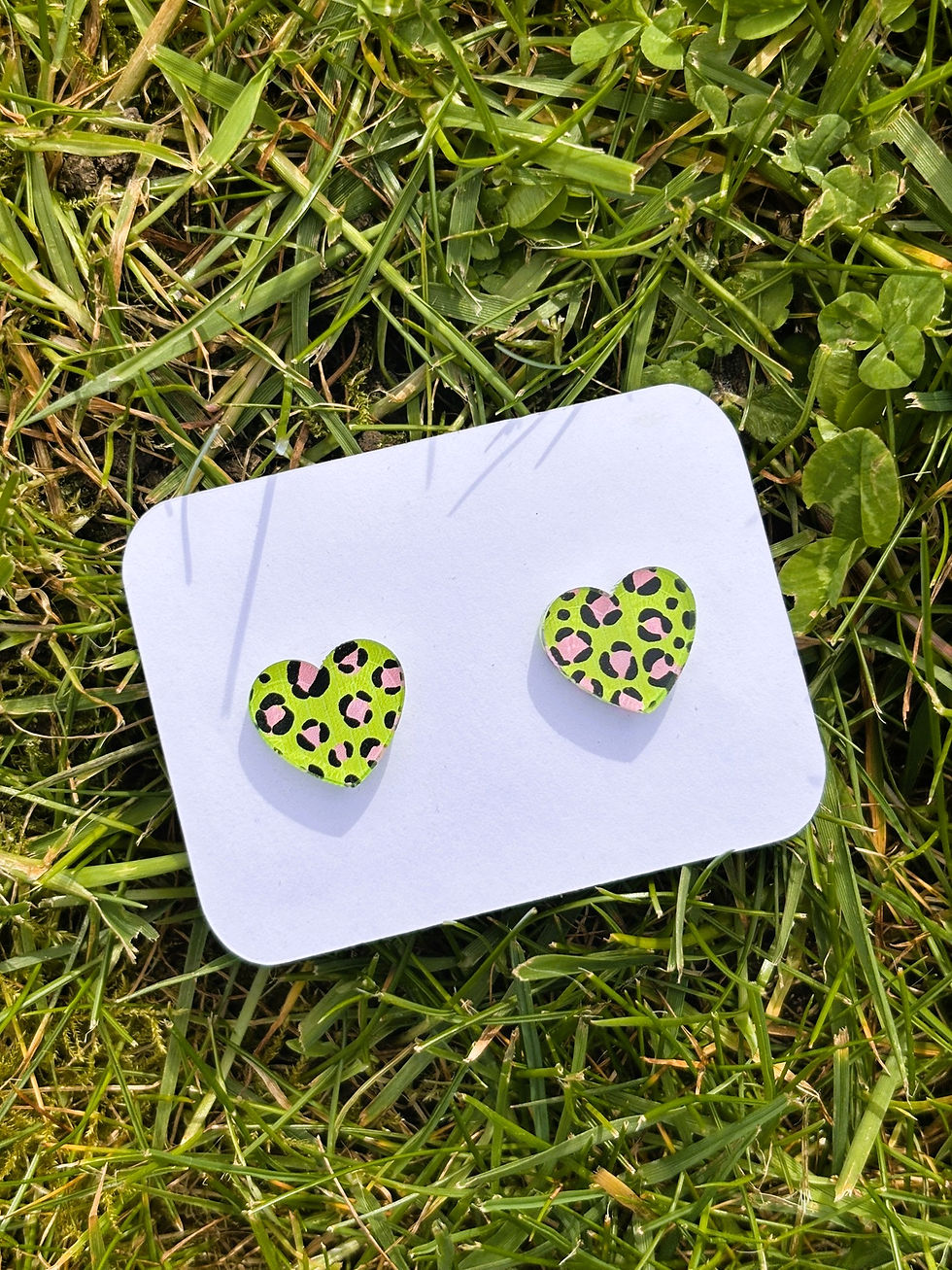 Thumbnail: Large Heart Studs - Green & Baby Pink Leopard