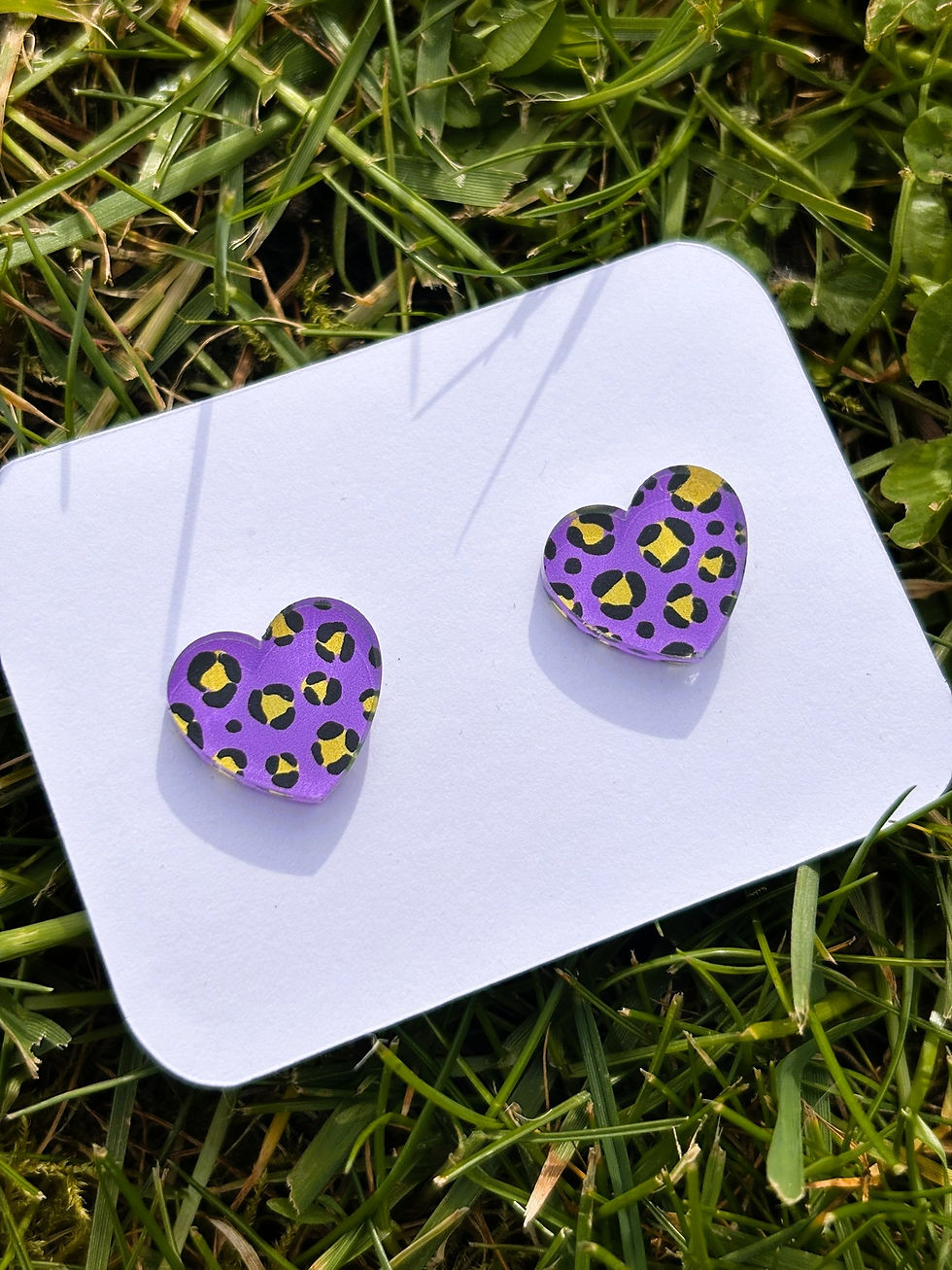 Thumbnail: Large Heart Studs - Purple & Gold Leopard