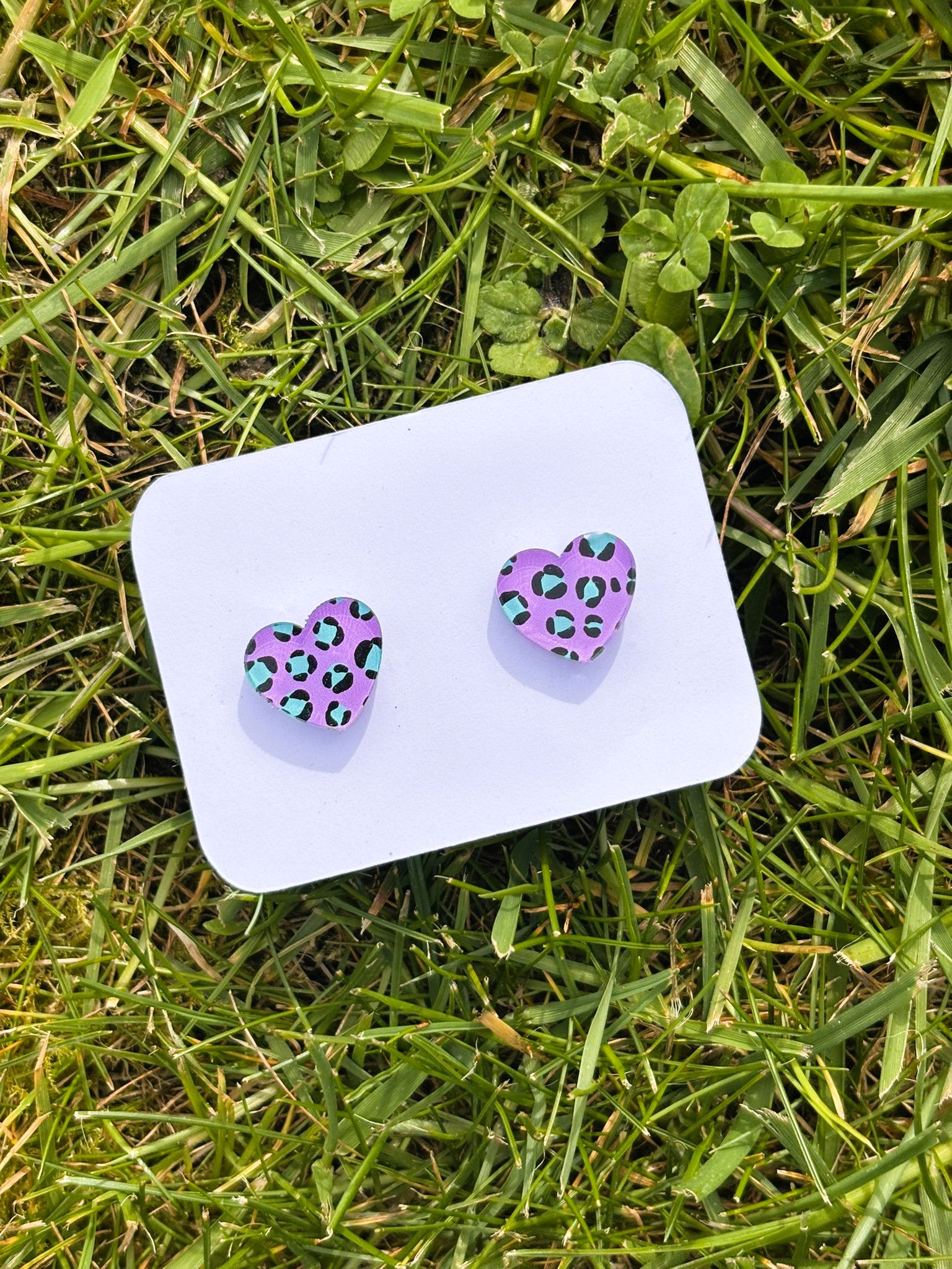 Large Heart Studs - Violet & Teal Leopard