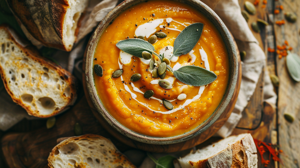 rustic bowl of butternut squash soup with sage