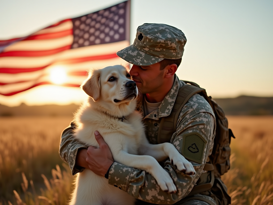 A heartwarming image featuring a soldier reuniting with their pet, set against a backdrop 