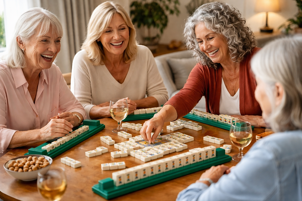 A joyful group of women enjoy a friendly game of mahjong while sipping wine, sharing laughter and camaraderie.