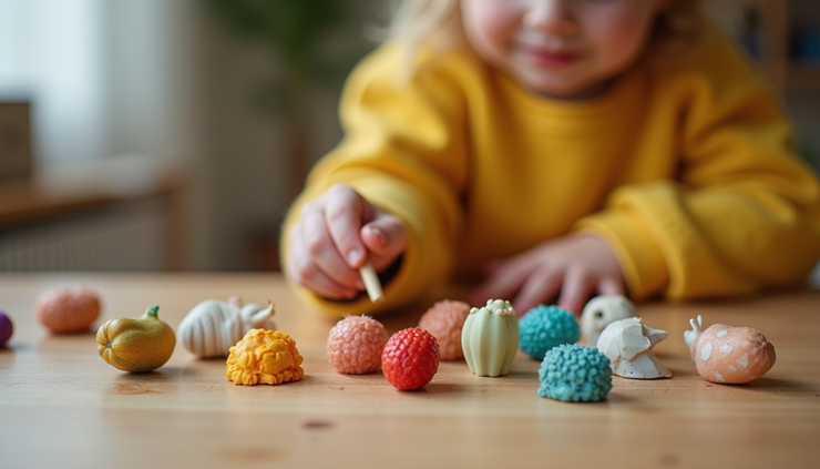 Close-up view of educational tools and sensory materials used by a private educator