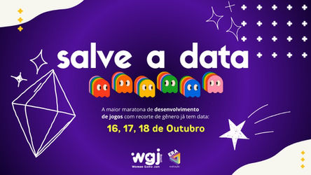 Imagem de fundo roxo, escrito Salve a data, com os fantasminhas do pacman de cores variadas se olhando, e figuras geométricas variadas de branco, entatizando as datas do evento.
