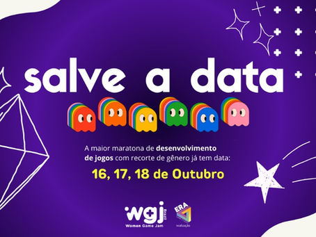 Imagem de fundo roxo, escrito Salve a data, com os fantasminhas do pacman de cores variadas se olhando, e figuras geométricas variadas de branco, entatizando as datas do evento.