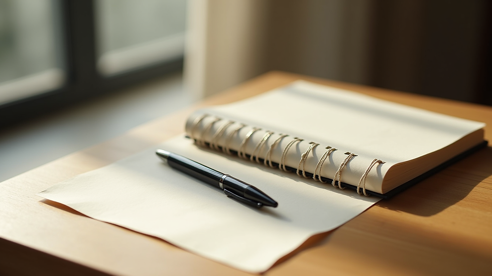 Close-up view of a journal and pen on a wooden table with soft natural light