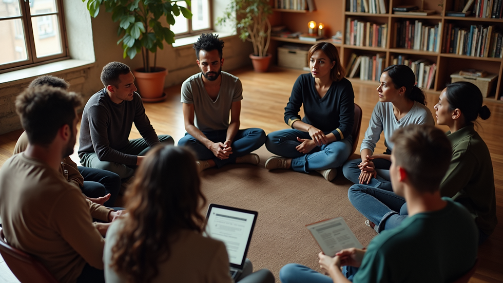 High angle view of a diverse group of people in a circle sharing stories