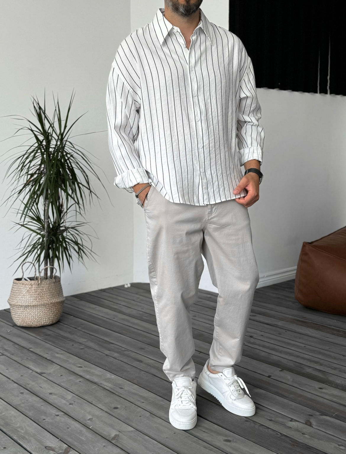 ΑΝΔΡΙΚΟ ΡΙΓΕ OVERSIZE ΠΟΥΚΑΜΙΣΟ - ΛΕΥΚΟ