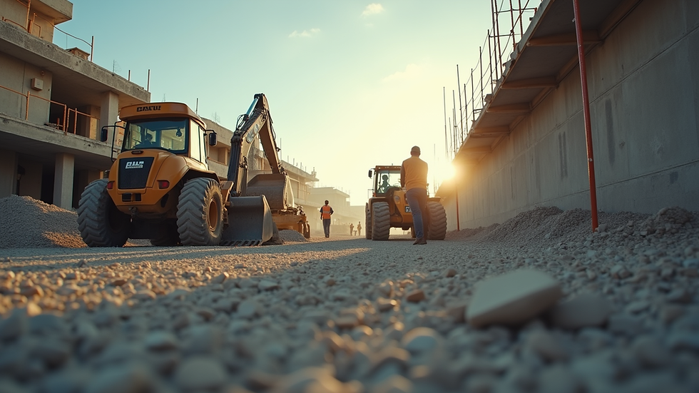 Eye-level view of a construction site with workers and machinery
