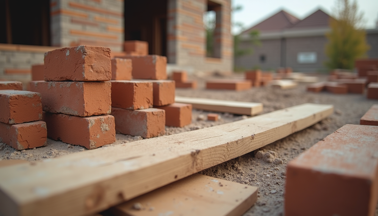 Nahaufnahme von Baustoffen auf einer Baustelle mit Fokus auf Ziegelsteine und Holzlatten