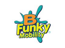 Logo for B Funky Mobility featuring bold typography and a playful splash design, created by Mustang Signs and Graphics.