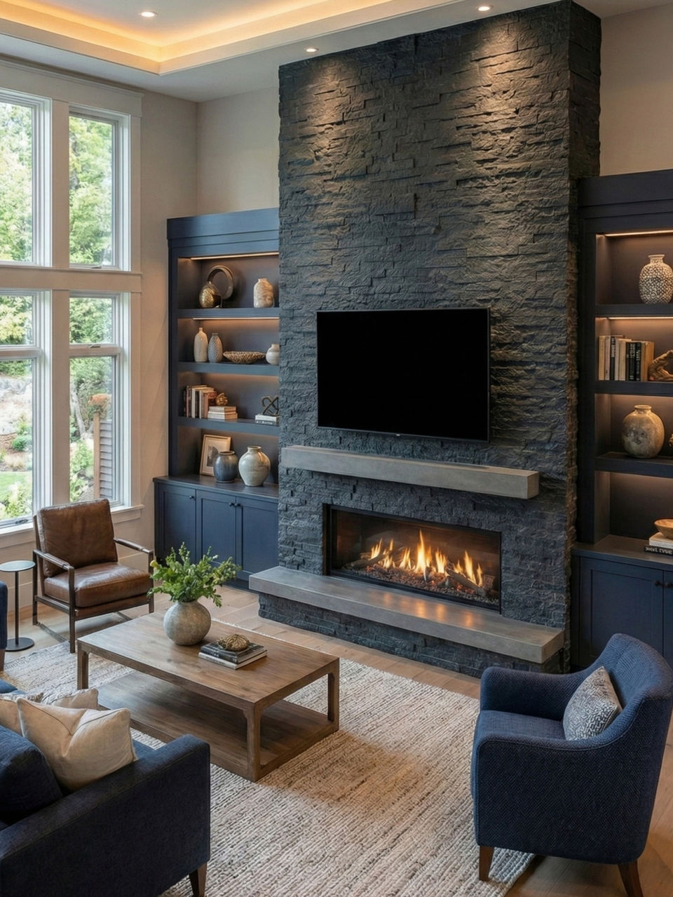 Floor-to-ceiling black stone fireplace design with custom blue built-in cabinets and shelves. Luxury living room remodeling contractor in Vancouver WA and Camas WA.