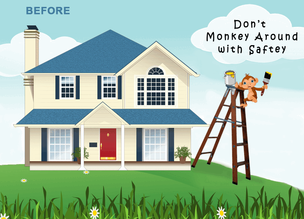 Animation of unsafe step ladder on uneven surface