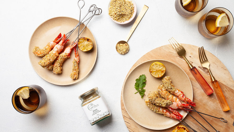 Grilled Skewered Prawns With Gondwana Macadamia Seasoned Bush Crumb