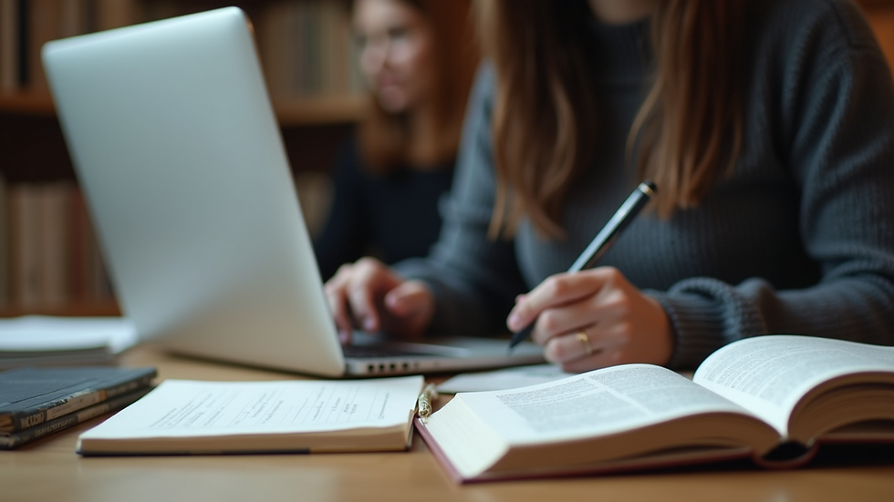 Eye-level view of a person studying with a laptop and books