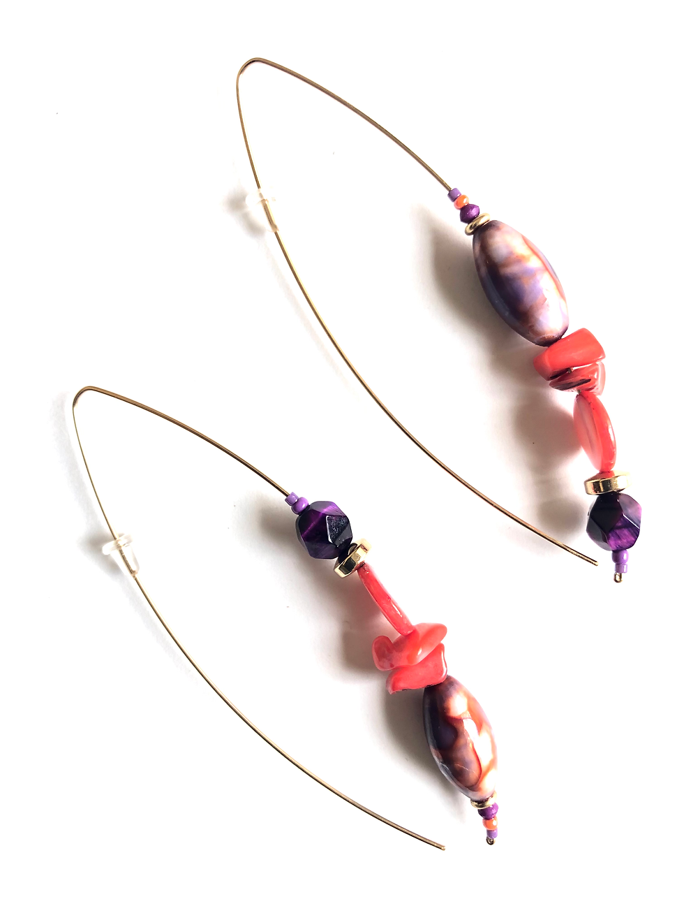 Thumbnail: feminine fury purple tiger eye, salmon mother of pearl & wood earrings