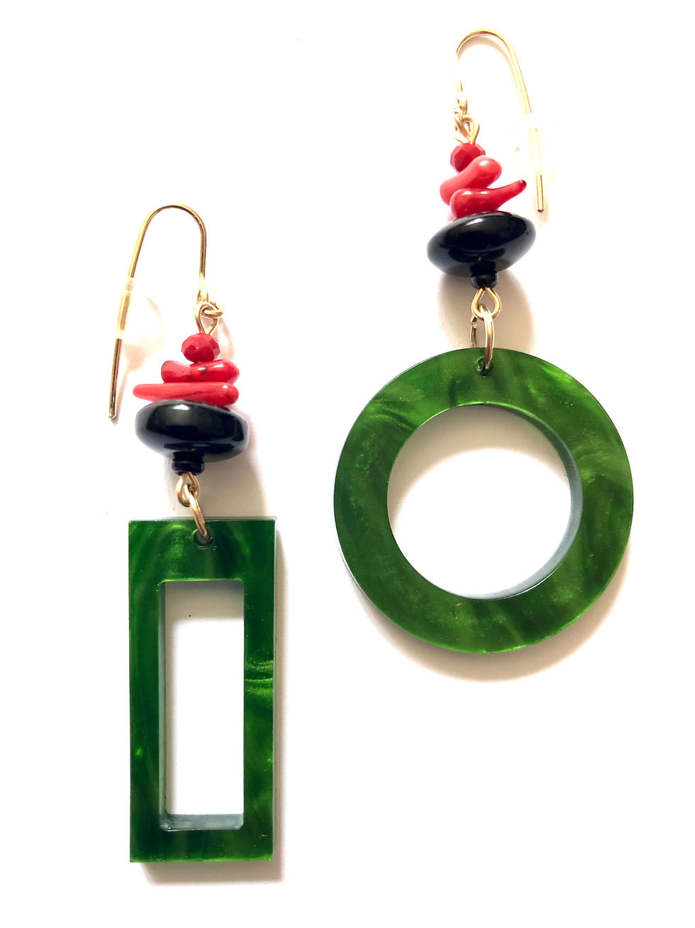 Thumbnail: you are the revolution green lucite, red coral & black glass earrings 