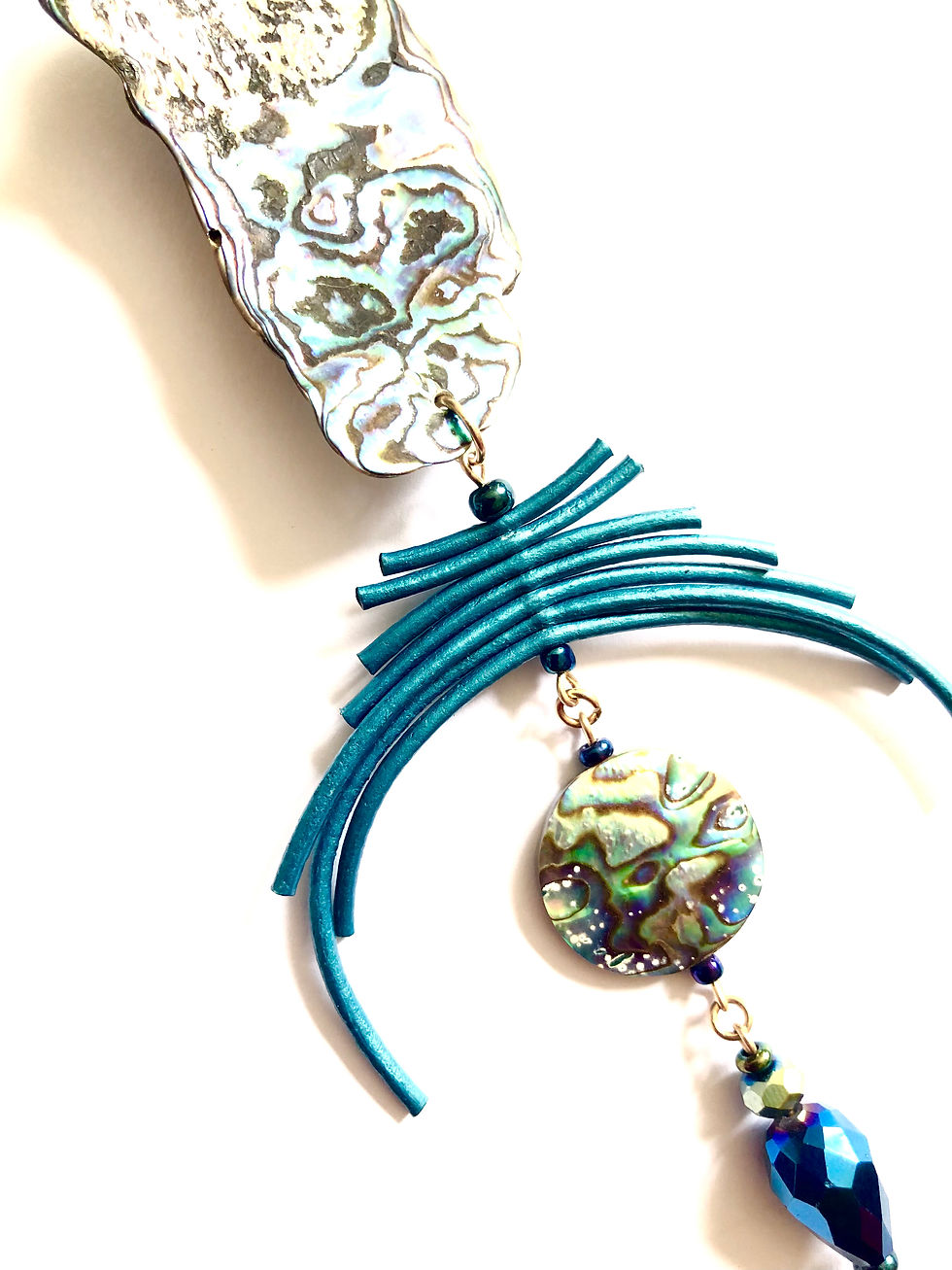 Thumbnail: never too much style paua shell and metallic teal leather pin (brooch)
