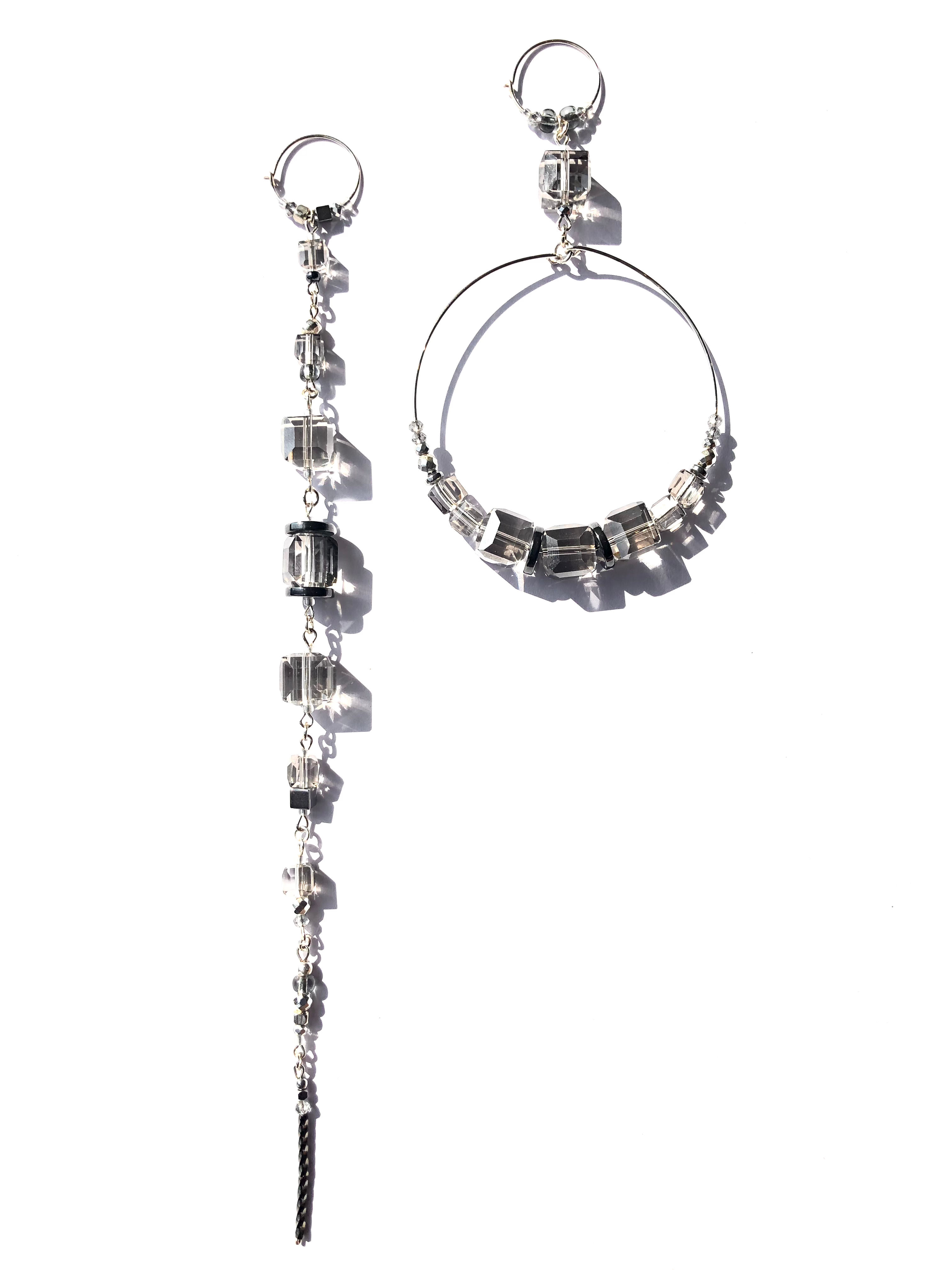 shooting star smoky grey crystal & hematite hoop & straight earrings 