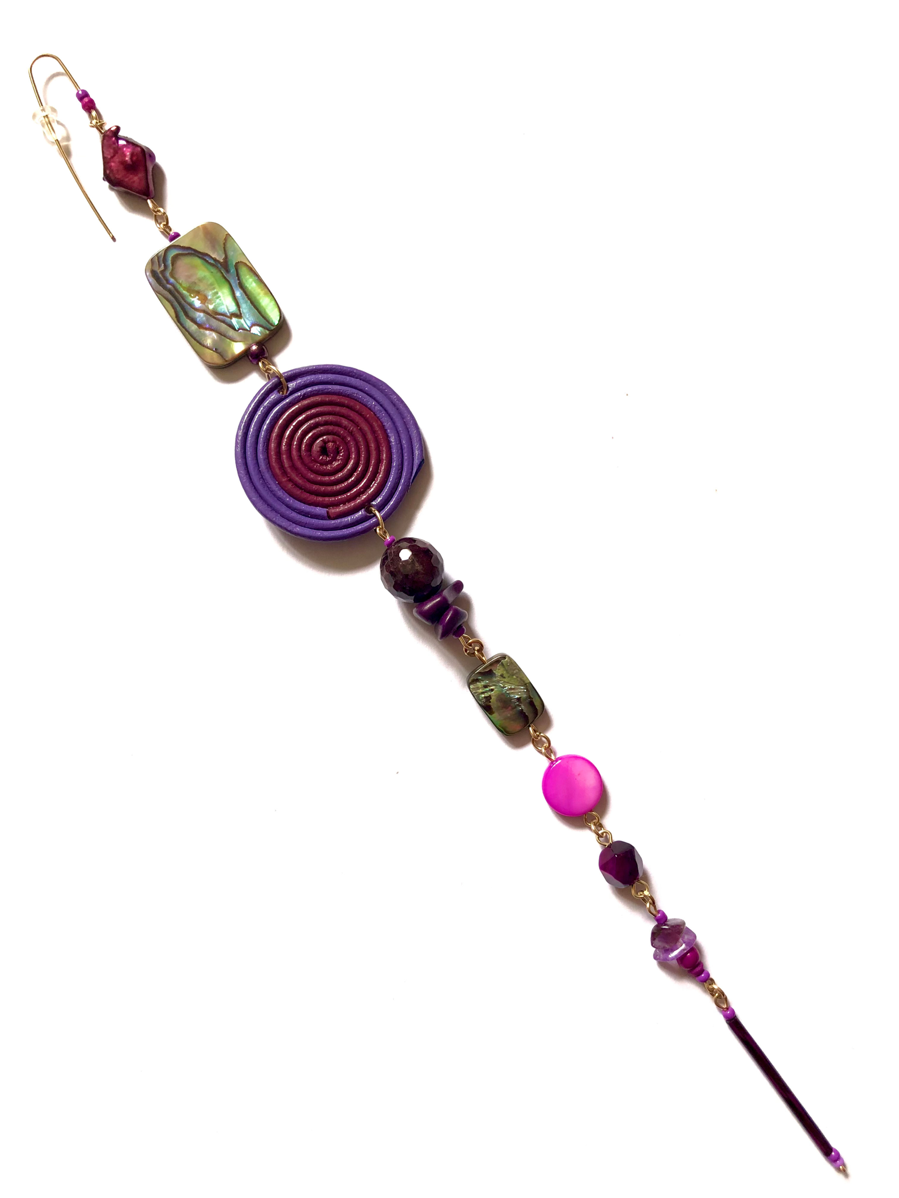 peaceful purpose paua shell & purple leather tata tickler single earring