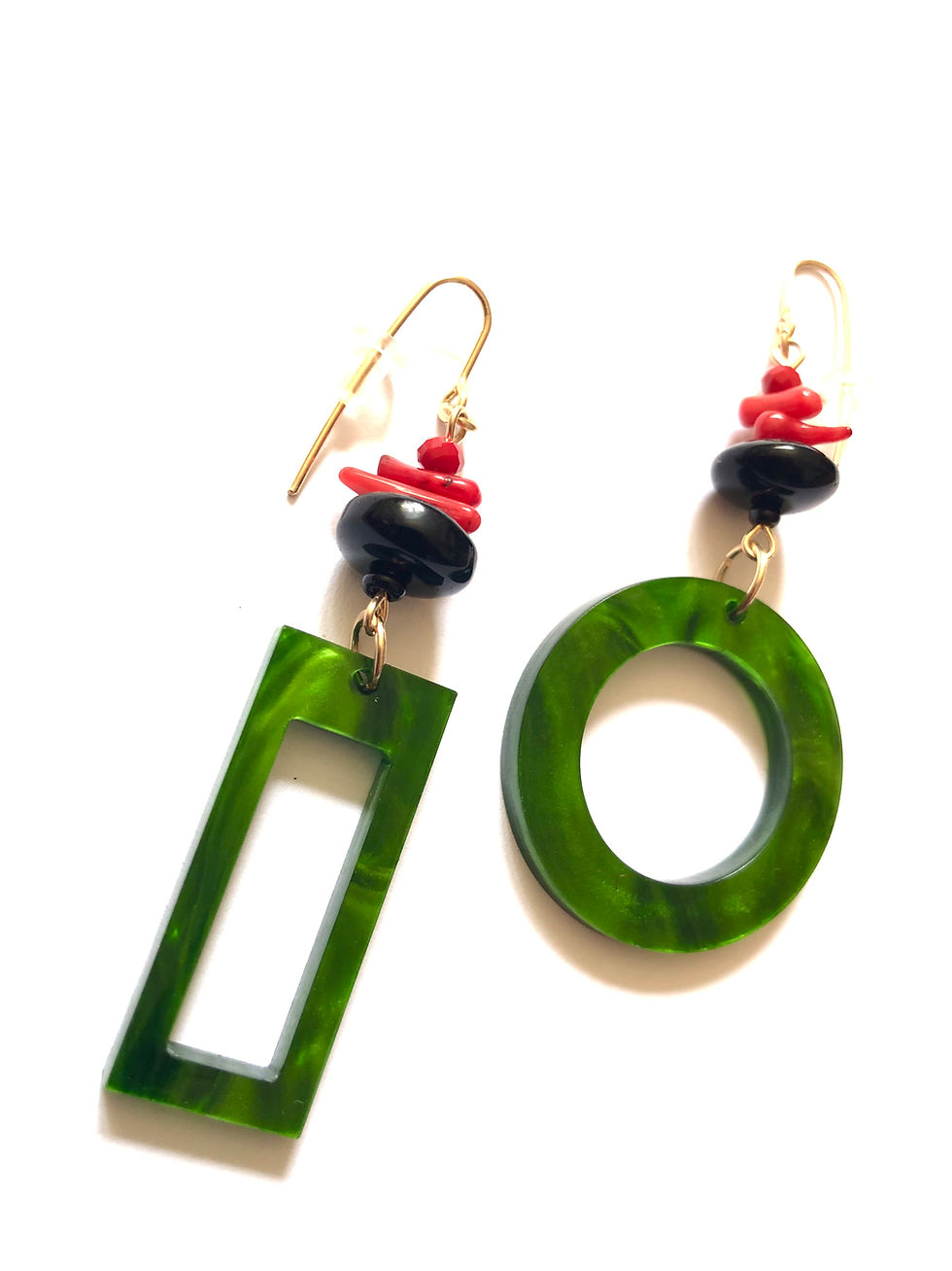 Thumbnail: you are the revolution green lucite, red coral & black glass earrings 