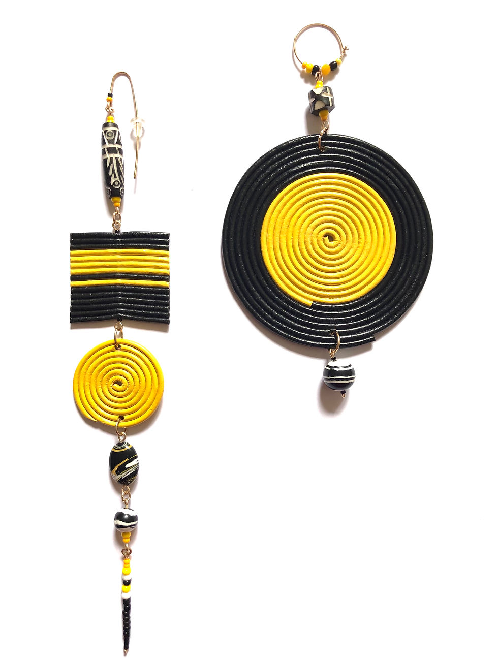 Thumbnail: record player throwback yellow & black leather earrings