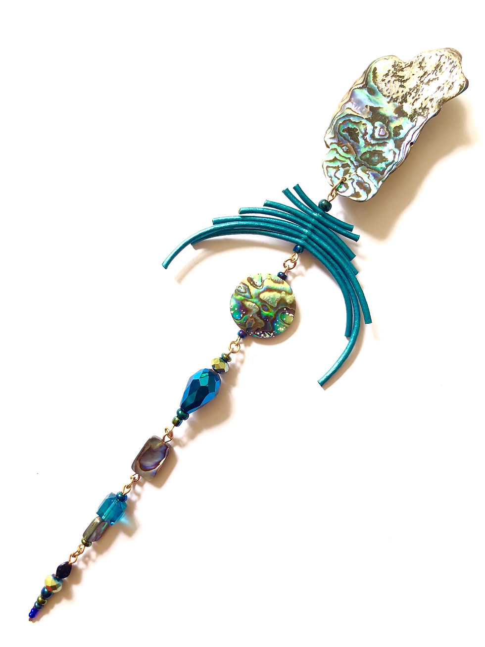 Thumbnail: never too much style paua shell and metallic teal leather pin (brooch)