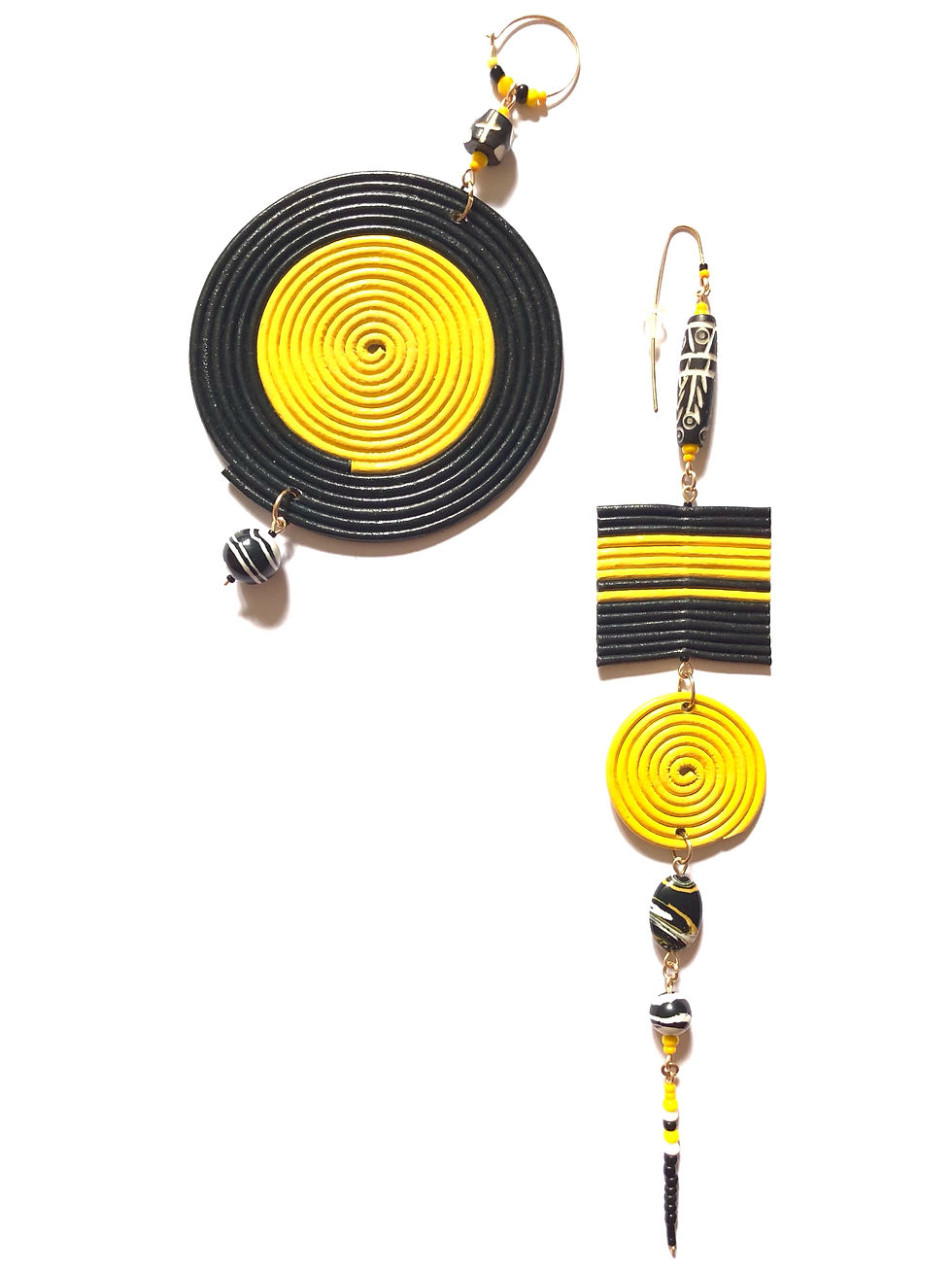 Thumbnail: record player throwback yellow & black leather earrings